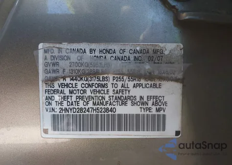2007 Acura Mdx z USA, uszkodzony, nr VIN 2HNYD28247H523840